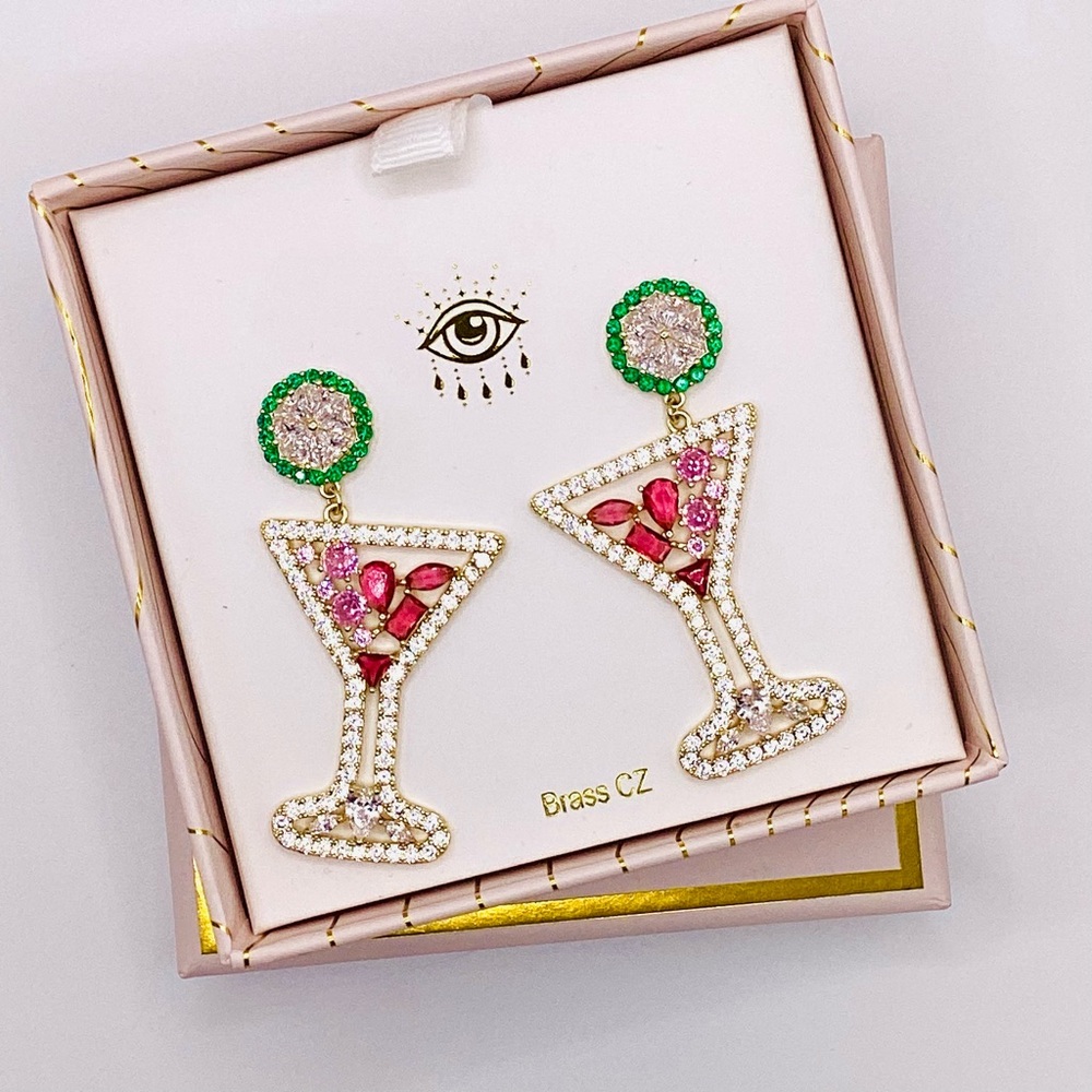 Eye Candy Cocktail Glass Earrings with Green and Pink Gems